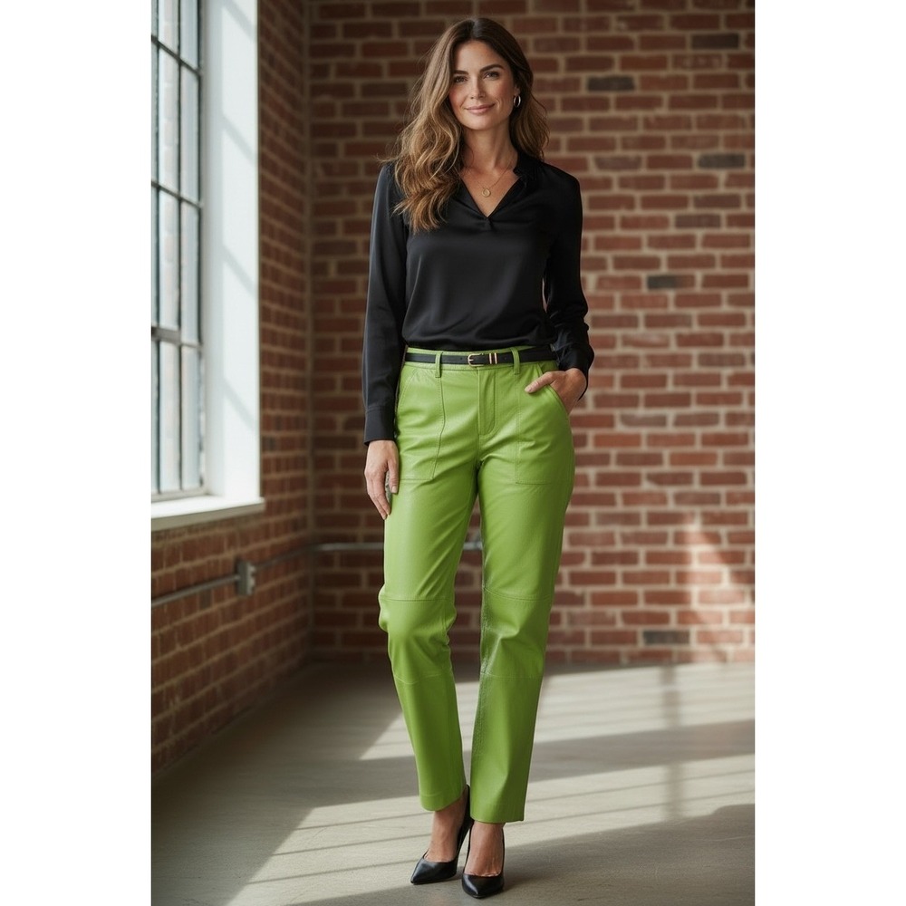 Terry Lewis Classic Luxuries Lime Green Leather Pants Petite 12P NWT Chartreuse